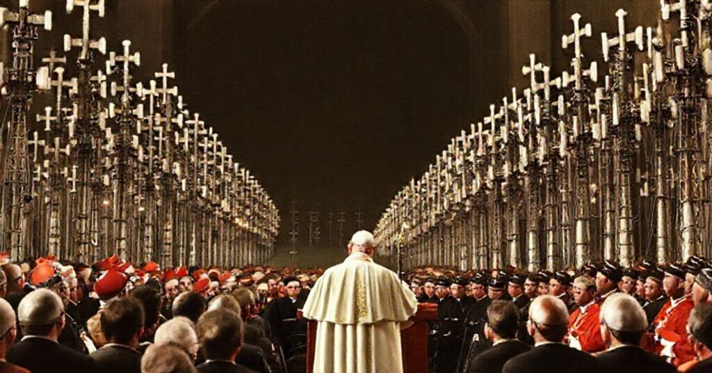 A traditional Catholic scene depicting John XXIII addressing an audience at Santa Maria di Galeria before a field of radio antennas crowned with crosses, symbolizing the conciliar revolution's media propaganda.