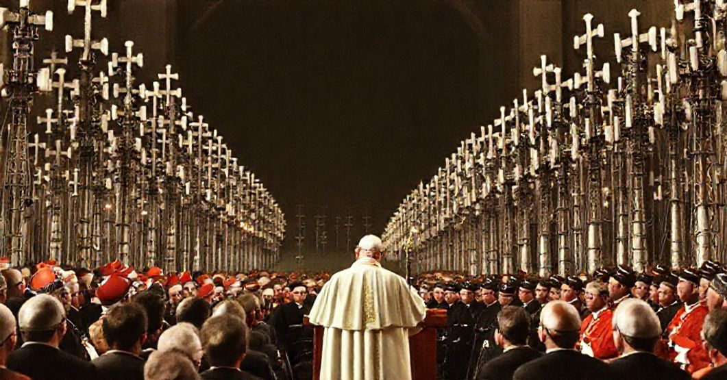 A traditional Catholic scene depicting John XXIII addressing an audience at Santa Maria di Galeria before a field of radio antennas crowned with crosses, symbolizing the conciliar revolution's media propaganda.