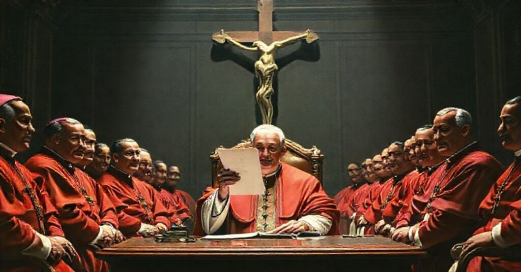 A reverent depiction of John XXIII's 1961 allocution for the Second Vatican Council, highlighting the deceptive rhetoric and revolutionary agenda behind the conciliar project.