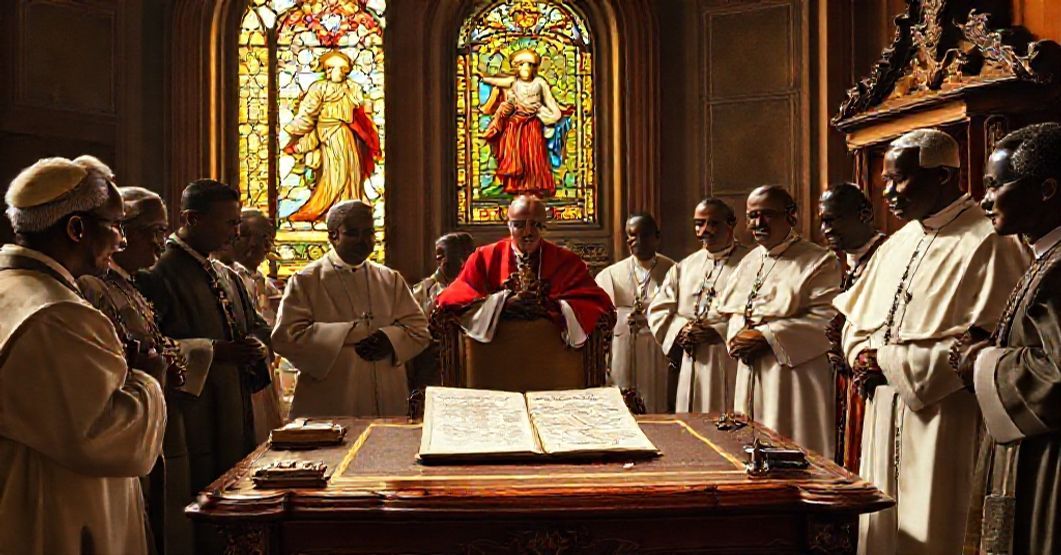 A solemn scene depicting John XXIII's reorganization of Africa's ecclesiastical structures as described in 'EO INTENDENTES' with missionaries and officials observing a papal document.