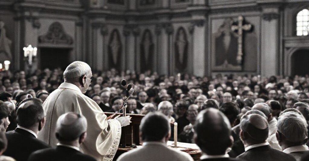 Image depicting John XXIII addressing the 1960 International Eucharistic Congress in Munich, reflecting traditional Catholic Eucharistic devotion amidst Bavaria's historic architecture.
