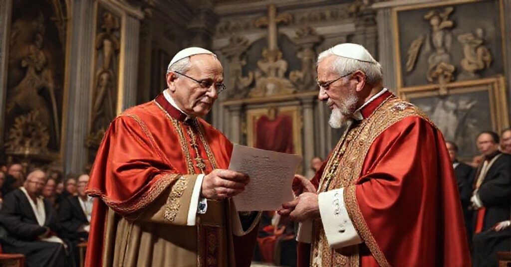 A solemn Vatican scene depicting John XXIII presenting a letter to Eugène Tisserant, highlighting the tension between tradition and modernist undertones in Catholic Church history.