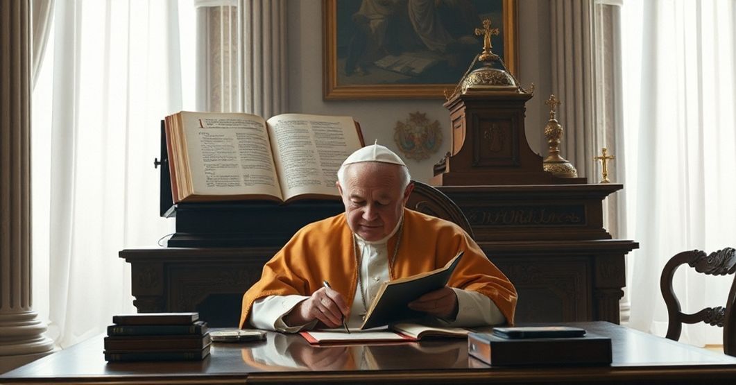 John XXIII writing 'Existimationi Nostrae' (1959) in Vatican chambers, symbolizing the duality of praising Romans while subverting its doctrine.