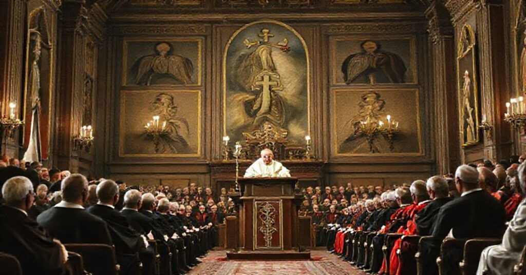 John XXIII addressing delegates of the Federation of Catholic Universities in 1959 in a grand hall adorned with religious icons and historical Catholic symbols.