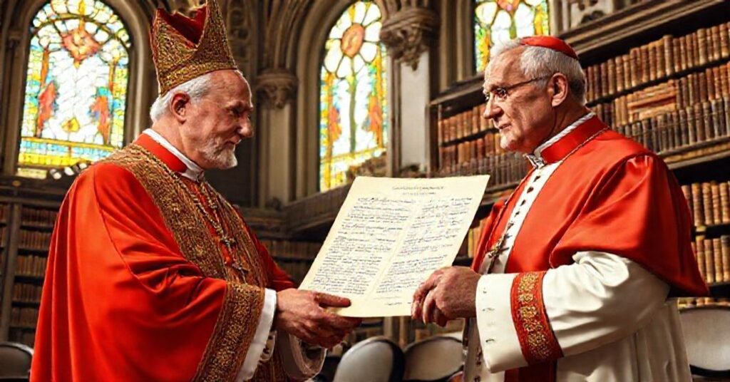 John XXIII presenting a letter to Cardinal Joseph Frings in the Vatican Library, symbolizing the betrayal of tradition for secular achievements.