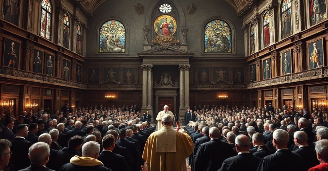 A realistic depiction of John XXIII delivering his allocution at the Pontifical Gregorian University in 1959, surrounded by professors and students in academic robes. The grand hall features traditional Catholic symbols and stained-glass windows.
