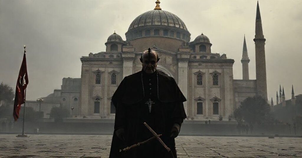 John XXIII standing solemnly before Hagia Sophia, symbolizing the subjugation of the Apostolic See to an anti-Christian regime in 1960.
