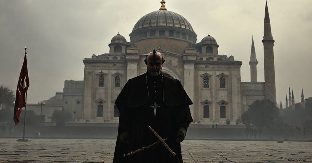 John XXIII standing solemnly before Hagia Sophia, symbolizing the subjugation of the Apostolic See to an anti-Christian regime in 1960.