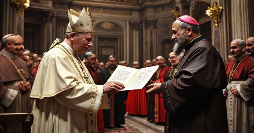 John XXIII, antipope, presenting a chirograph to Ignatius Gabriel Tappouni in a Vatican hall, symbolizing the conciliar era's doctrinal shifts.