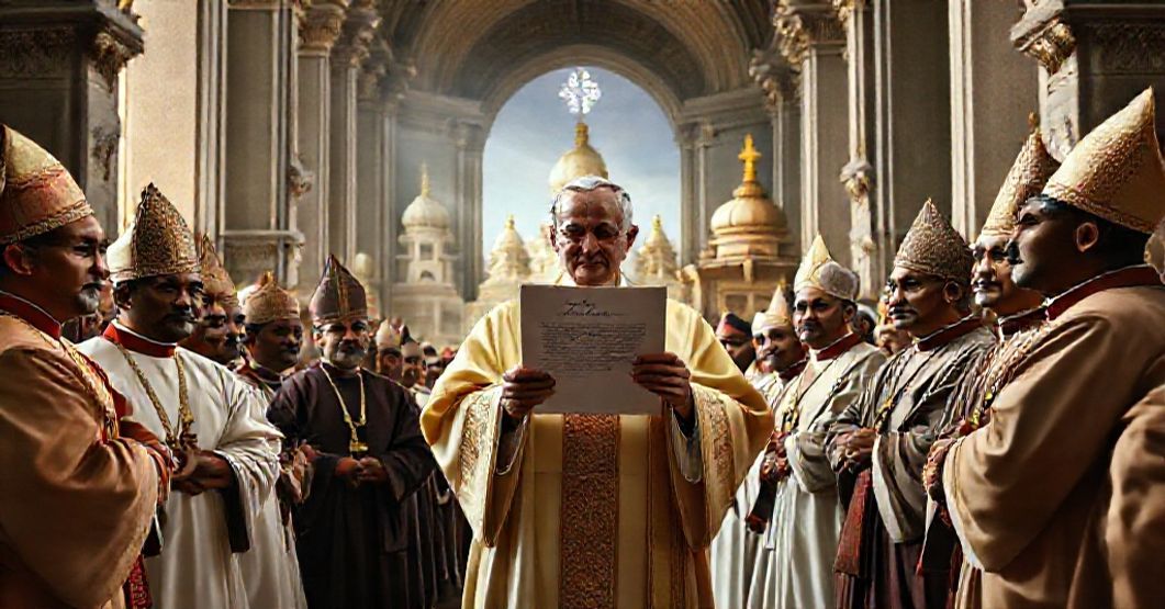 A traditional Catholic scene depicting John XXIII and Indian bishops in a grand church setting, symbolizing the tension between Catholic truth and modernist accommodation.
