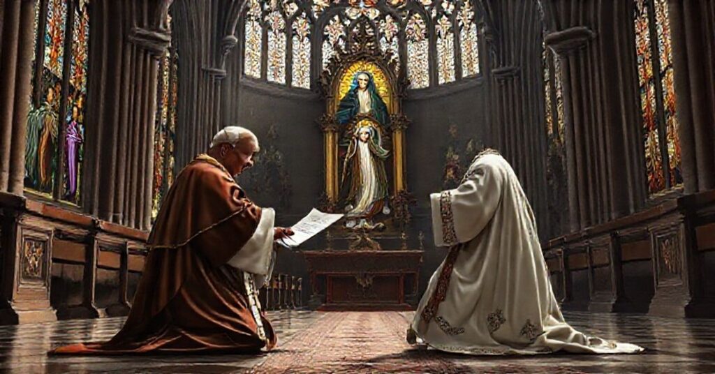 A solemn Catholic image depicting John XXIII's letter to Cardinal Benjamin de Arriba y Castro, highlighting the usurped authority of the conciliar church.