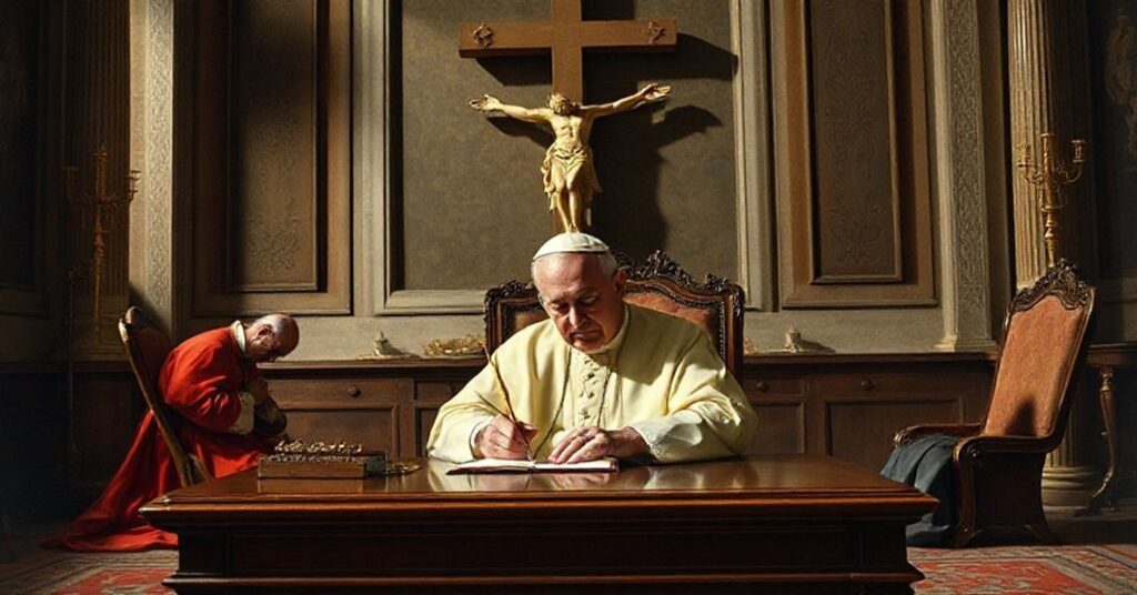 Pope John XXIII writing a congratulatory letter to Cardinal Aloisio Traglia in the Vatican's Apostolic Palace.