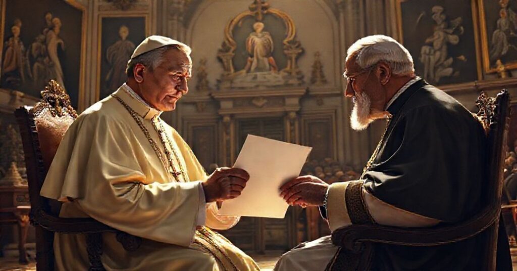 John XXIII presenting a congratulatory letter to Clemente Micara in a Vatican office, symbolizing the empty praise and institutional pride of the conciliar sect.