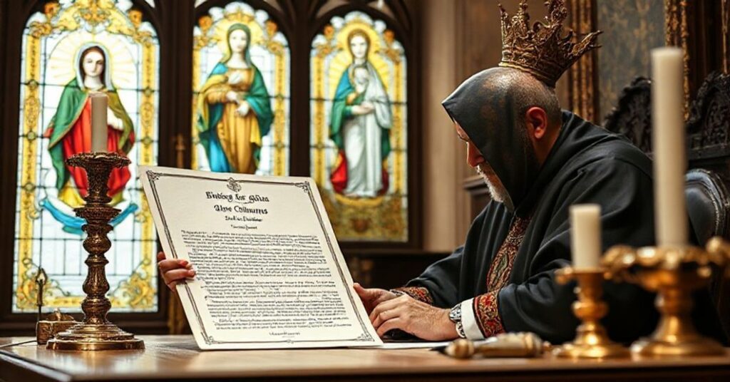 A solemn depiction of John XXIII signing the 'Luce Collustrans' document appointing the Blessed Virgin Mary as patroness of Yucatán.