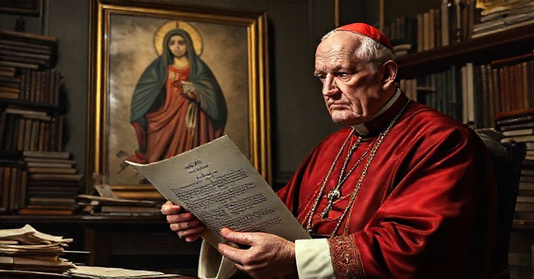 John XXIII and the Theological Emptiness of 'Luctifera bella' John XXIII holding 'Luctifera bella' document in a dimly lit Vatican study with a faded image of the Blessed Virgin Mary as 'Queen of Peace' in the background.