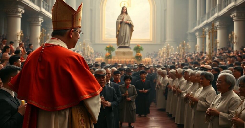 A traditional Catholic scene depicting John XXIII presiding over a Marian Congress in Saigon, with a crowd of faithful Catholics gathered under the statue of Our Lady of Lourdes.