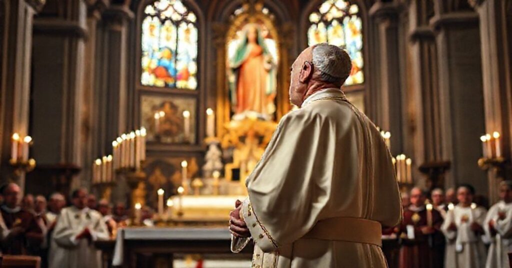 A solemn portrait of John XXIII in papal vestments before a Marian altar, surrounded by bishops and faithful Catholics in prayer, capturing the essence of his 1959 Marian exhortation.