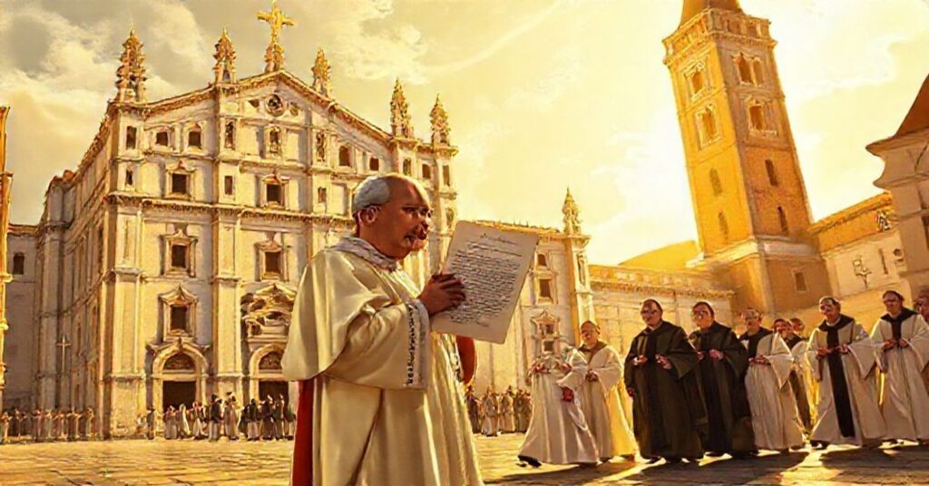 A solemn depiction of John XXIII holding the apostolic letter 'Mirabili nexu' in front of the Ferrara Cathedral, symbolizing the document's emphasis on art over faith.