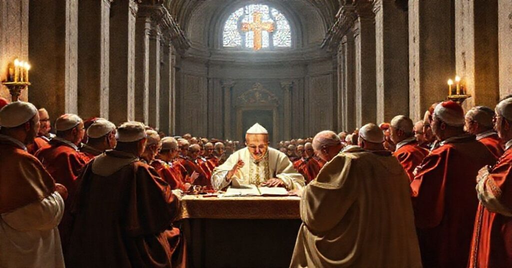 A reverent depiction of John XXIII writing 'Mirabilis ille' in St. Peter's Basilica, surrounded by bishops, highlighting the subtle subversion of Catholic ecclesiology.