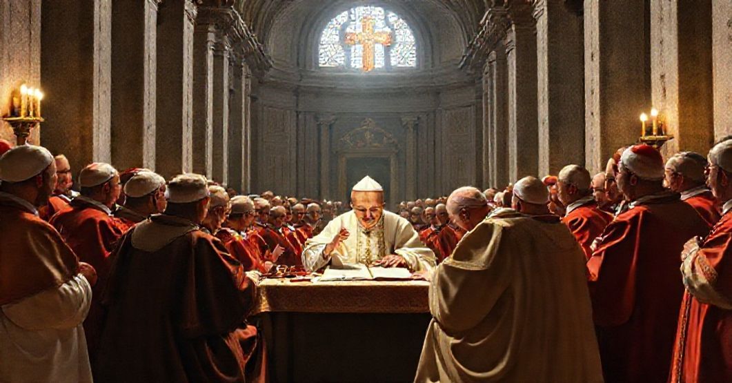 A reverent depiction of John XXIII writing 'Mirabilis ille' in St. Peter's Basilica, surrounded by bishops, highlighting the subtle subversion of Catholic ecclesiology.