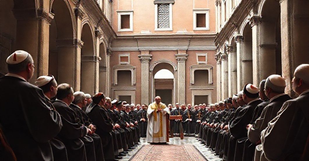 A solemn scene of John XXIII addressing the American clergy at the Pontifical North American College in Rome, emphasizing traditional Catholic principles and doctrinal clarity.