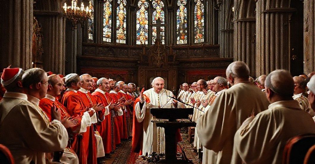 John XXIII addresses seven European churches via radio on Pentecost 1959, chanting 'Veni Creator Spiritus' in a symbolic but doctrinally hollow celebration.