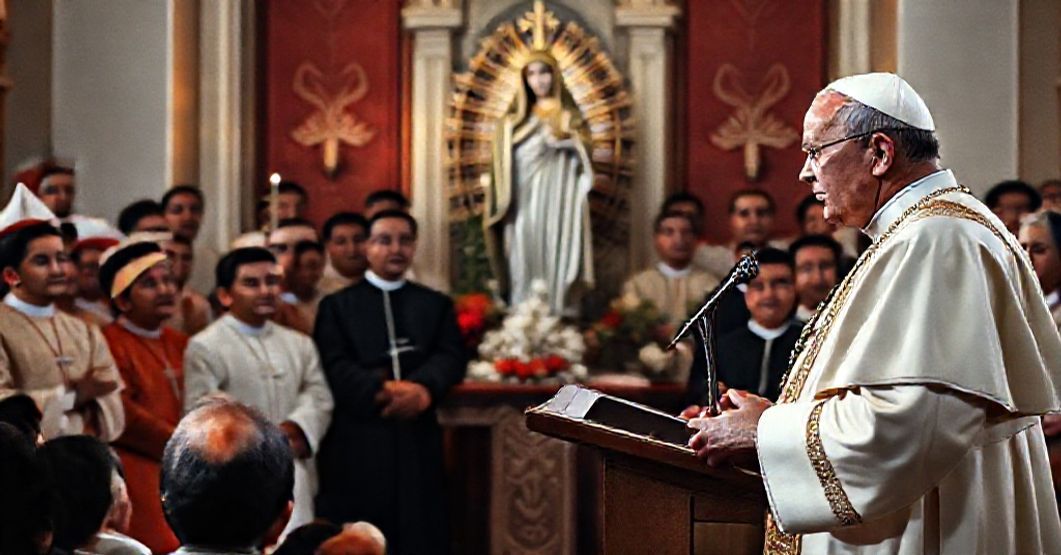 A traditional Catholic scene depicting John XXIII addressing the Filipino people during the 1959 missionary year, highlighting the subtle subversion of missionary language.