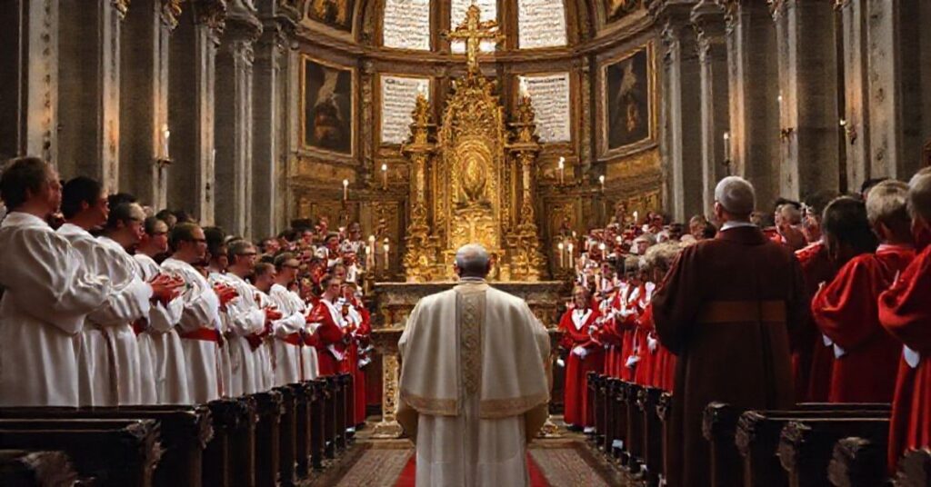 Traditional Catholic church interior with choir singing Gregorian chant, John XXIII addressing the Pontifical Institute of Sacred Music.