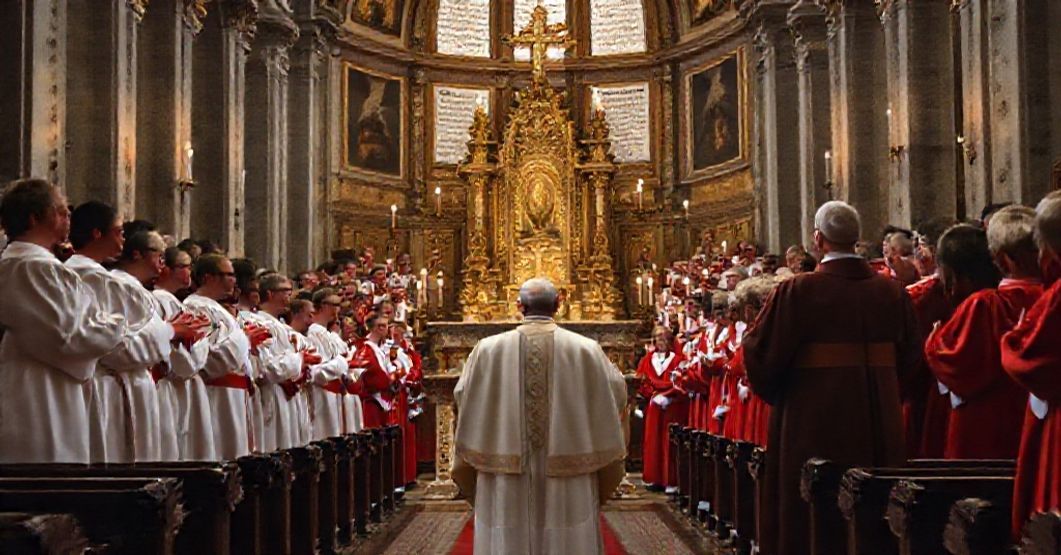 Traditional Catholic church interior with choir singing Gregorian chant, John XXIII addressing the Pontifical Institute of Sacred Music.