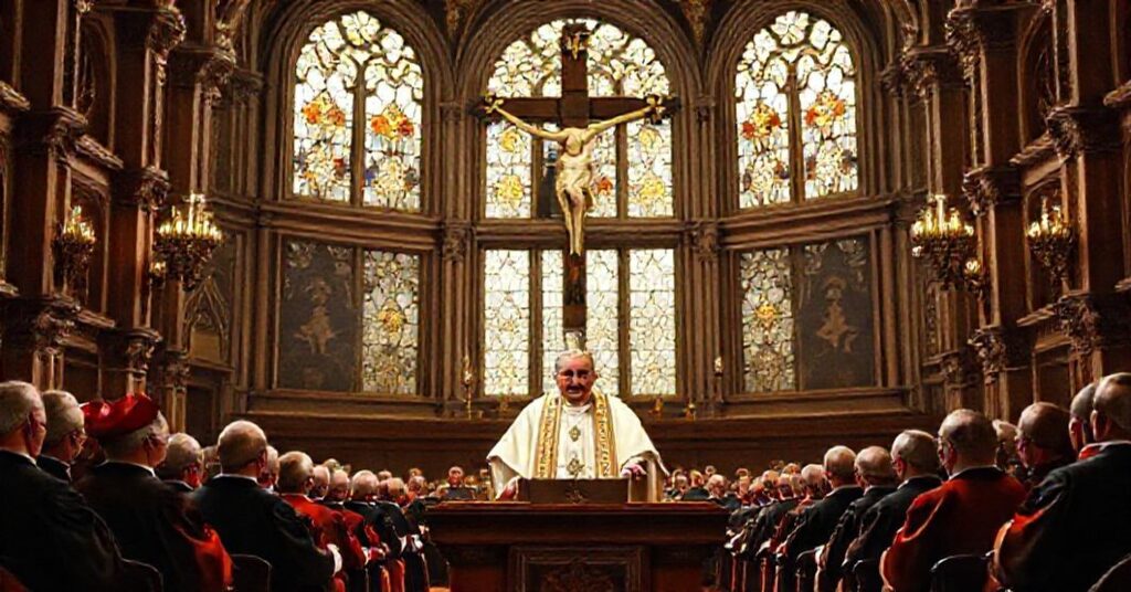 A traditional Catholic scene depicting John XXIII addressing the Central Preparatory Commission for Vatican II in a grand hall with Gothic architecture and a large crucifix in the background.