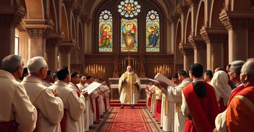 A reverent depiction of John XXIII's letter 'Quod dilectum' being read to the Indian hierarchy during a traditional Latin-rite Mass.