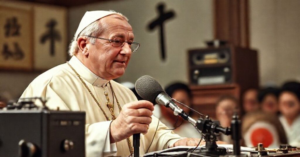 John XXIII delivering a radio message to Japanese Catholics in 1959, symbolizing the subtle subversion of the conciliar revolution.
