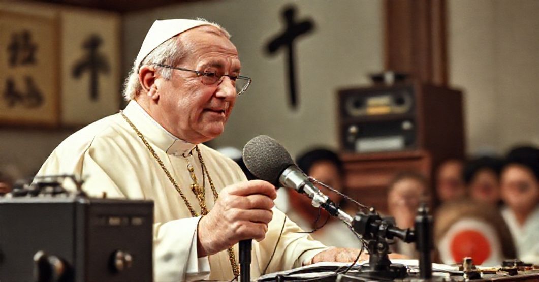 John XXIII delivering a radio message to Japanese Catholics in 1959, symbolizing the subtle subversion of the conciliar revolution.