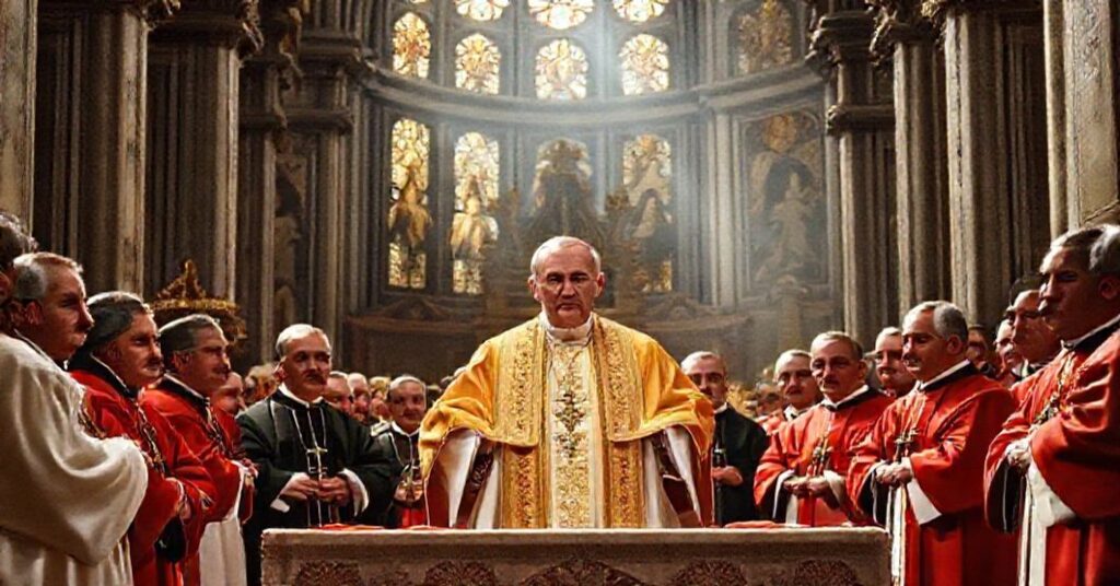 John XXIII addressing the Roman Synod in 1960 at St. Peter's Basilica, surrounded by bishops and clergy in traditional vestments.