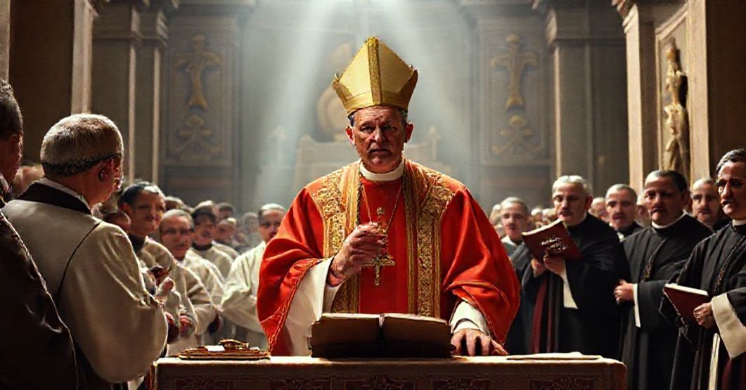 John XXIII addressing the Roman Synod in 1960 at the Lateran Archbasilica, surrounded by clergy in traditional vestments, with ancient Catholic symbols in the background.