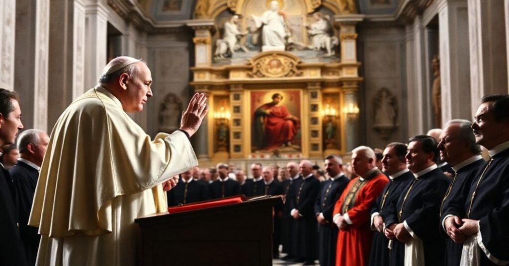 A solemn moment during the 1960 Roman Synod, depicting John XXIII addressing Roman clergy in St. Peter's Basilica.