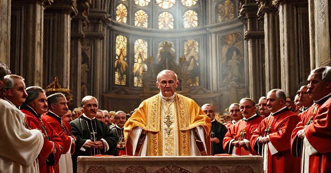 John XXIII addressing clergy during the Roman Synod in the Aula Benedictionum, 1960. The setting is a grand, traditional Catholic basilica with ornate architecture and a sense of sacred solemnity.