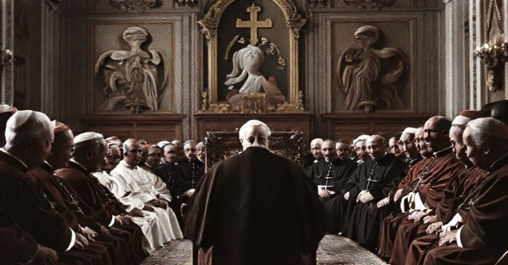 A traditional Catholic depiction of John XXIII's secret consistory in 1959, marking the shift from traditional doctrine to conciliar humanism.