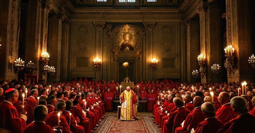 A solemn scene depicting the secret consistorial allocution of John XXIII on 28 March 1960 in the Apostolic Palace.