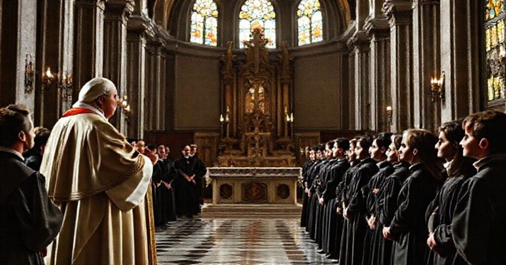 John XXIII addressing seminarians in the Church of St. Ignatius in Rome, 1960, illustrating the deceptive piety and doctrinal shift leading to the conciliar revolution.