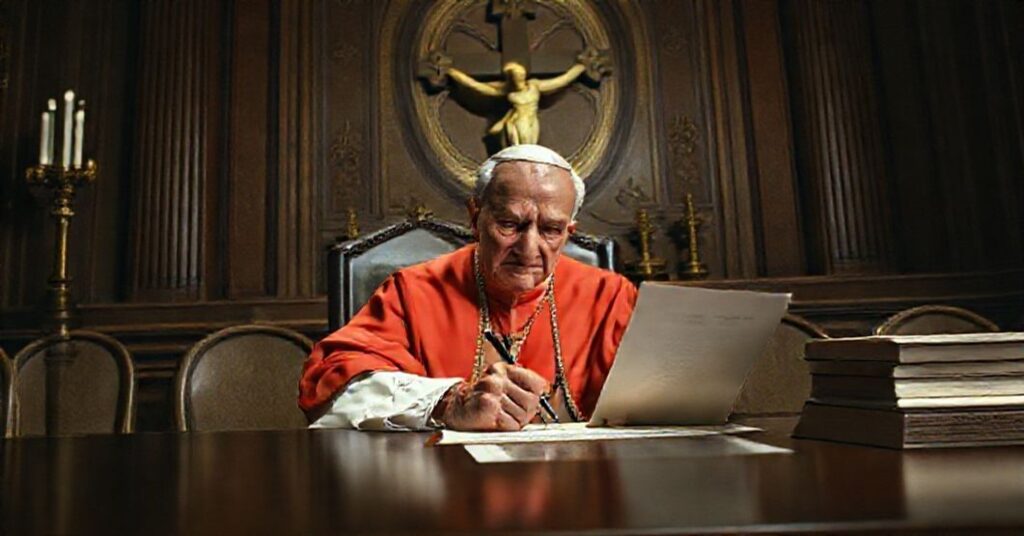 A solemn depiction of John XXIII signing the 1959 territorial prelature of Arica document in a traditional Catholic setting.