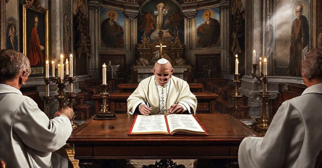 A solemn scene depicting John XXIII signing the Constitutio Apostolica 'Ambatondrazakaensis' in a traditional Roman basilica setting.