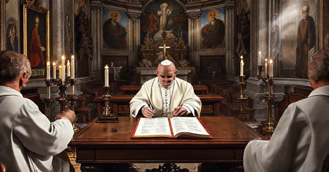 A solemn scene depicting John XXIII signing the Constitutio Apostolica 'Ambatondrazakaensis' in a traditional Roman basilica setting.