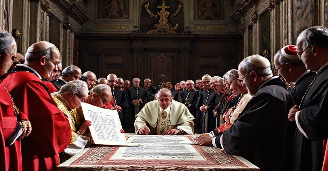 A reverent depiction of Pope John XXIII signing the Appropinquante Concilio motu proprio, surrounded by bishops in a traditional Vatican hall.