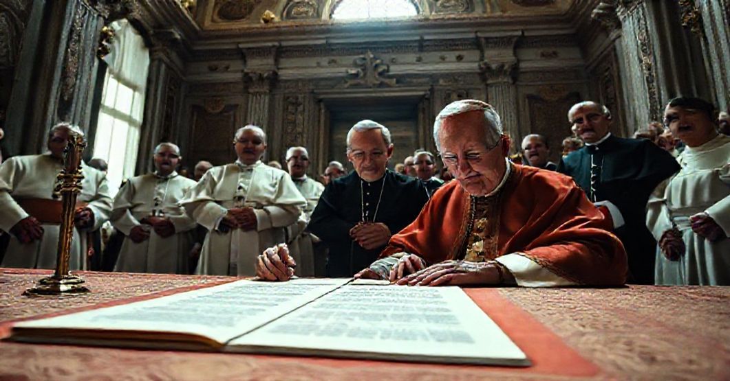 John XXIII Signing 'Diuturno usu' - A Moment of Doctrinal Departure Solemn signing of 'Diuturno usu' by John XXIII in a Vatican hall, highlighting the doctrinal departure from traditional Catholicism.