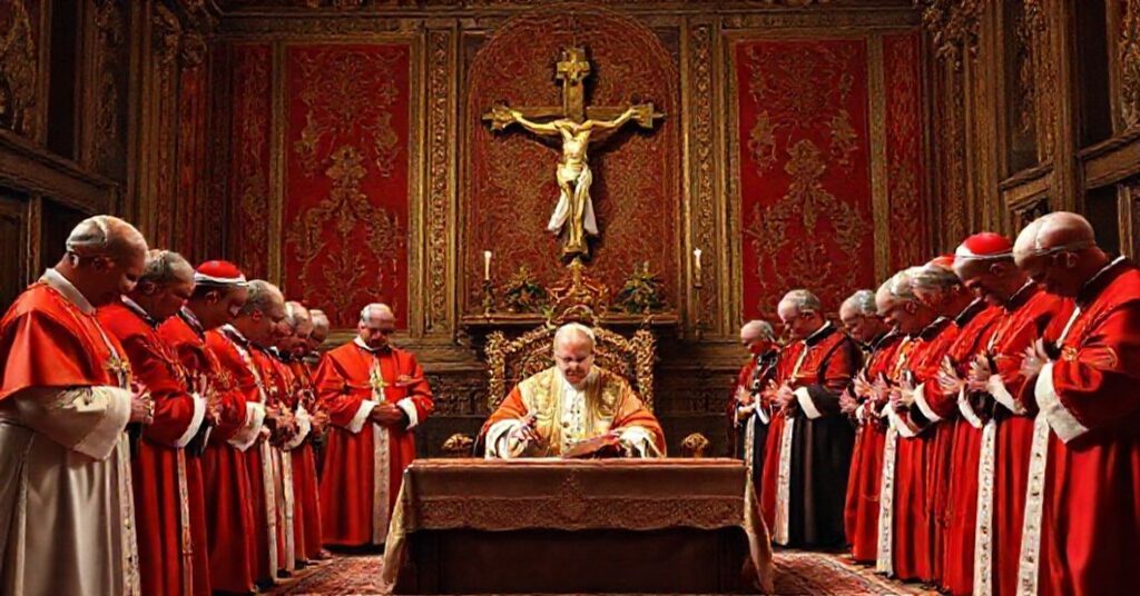 A traditional Catholic depiction of John XXIII signing the Kimberleyensis document in 1959, surrounded by Cardinals in a grand papal chamber.