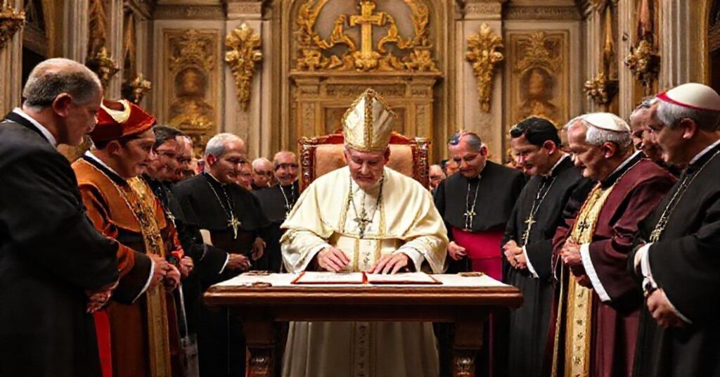 Depiction of John XXIII signing the Niameyensis (Fadangurmaensis) apostolic constitution with Archbishop Marcel Lefebvre in a Vatican hall, symbolizing the early signs of the conciliar revolution.
