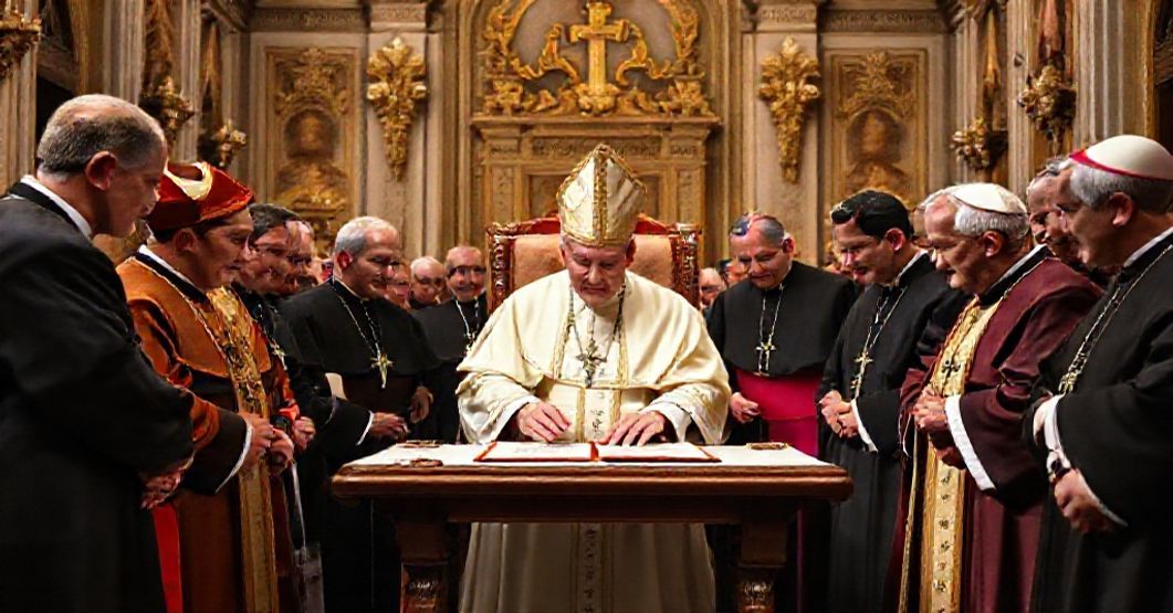 John XXIII Signing Niameyensis (Fadangurmaensis) Apostolic Constitution Depiction of John XXIII signing the Niameyensis (Fadangurmaensis) apostolic constitution with Archbishop Marcel Lefebvre in a Vatican hall, symbolizing the early signs of the conciliar revolution.