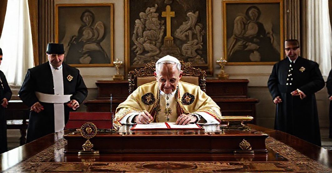 John XXIII Signs 'Diuturno usu' in Vatican Office John XXIII signing the 'Diuturno usu' document in a Vatican office with a view of Constantinople's architecture in the background.