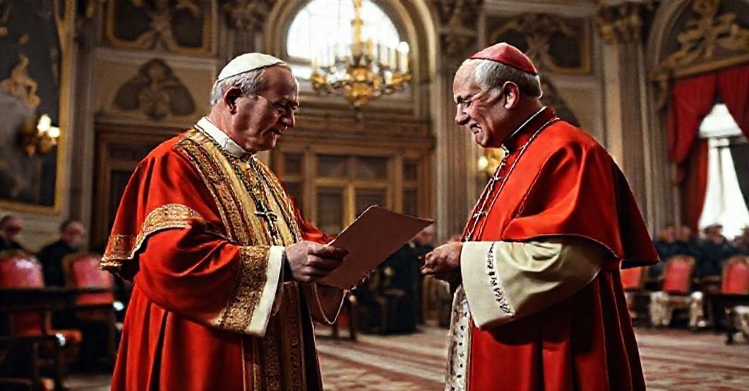 A traditional Catholic image depicting the letter exchange between John XXIII and Cardinal Eugène Tisserant in 1961.